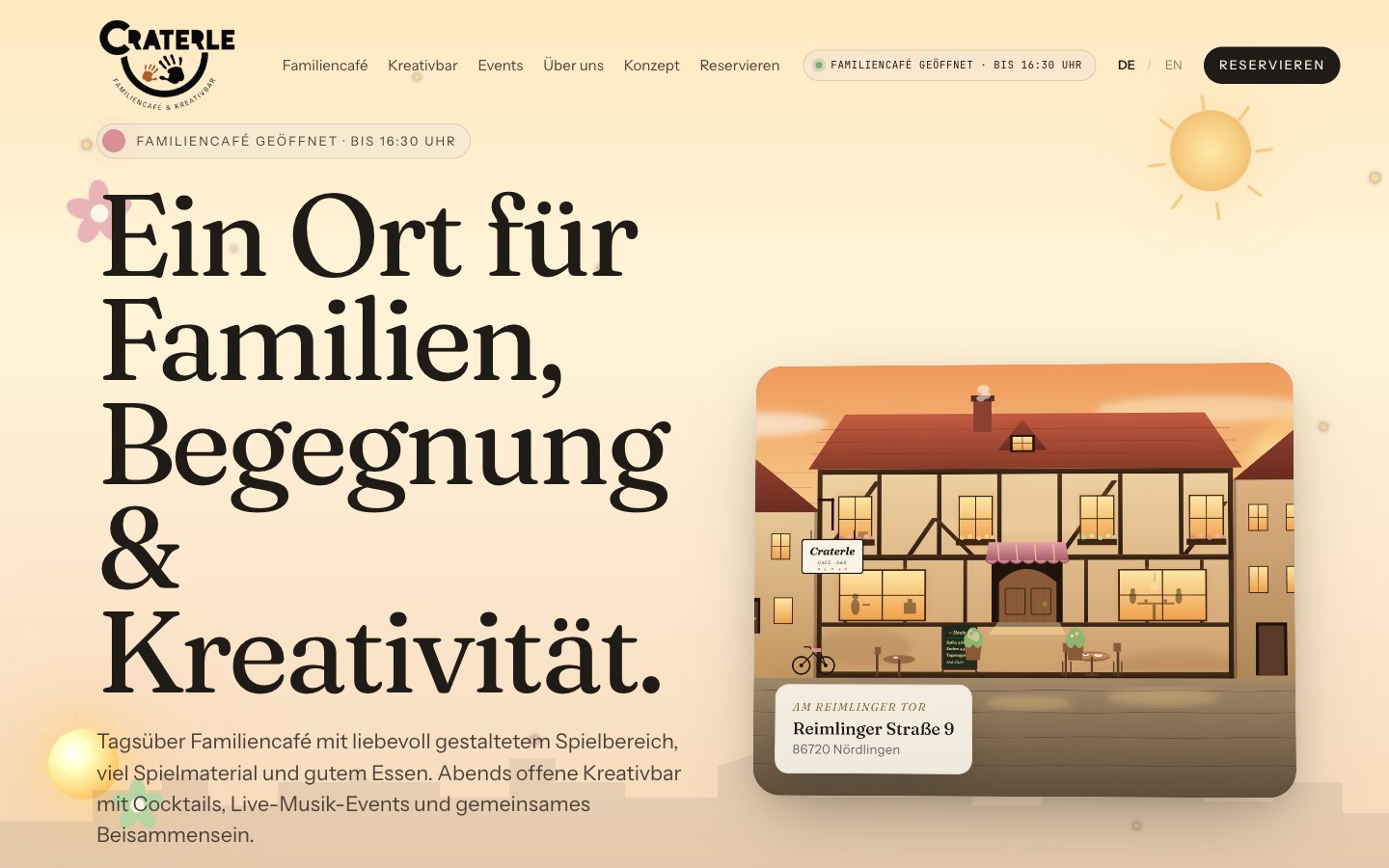 Startseite von craterle.de: warm illustrierte Szene mit Fachwerkhaus und der Headline 'Ein Ort für Familien, Begegnung & Kreativität.'