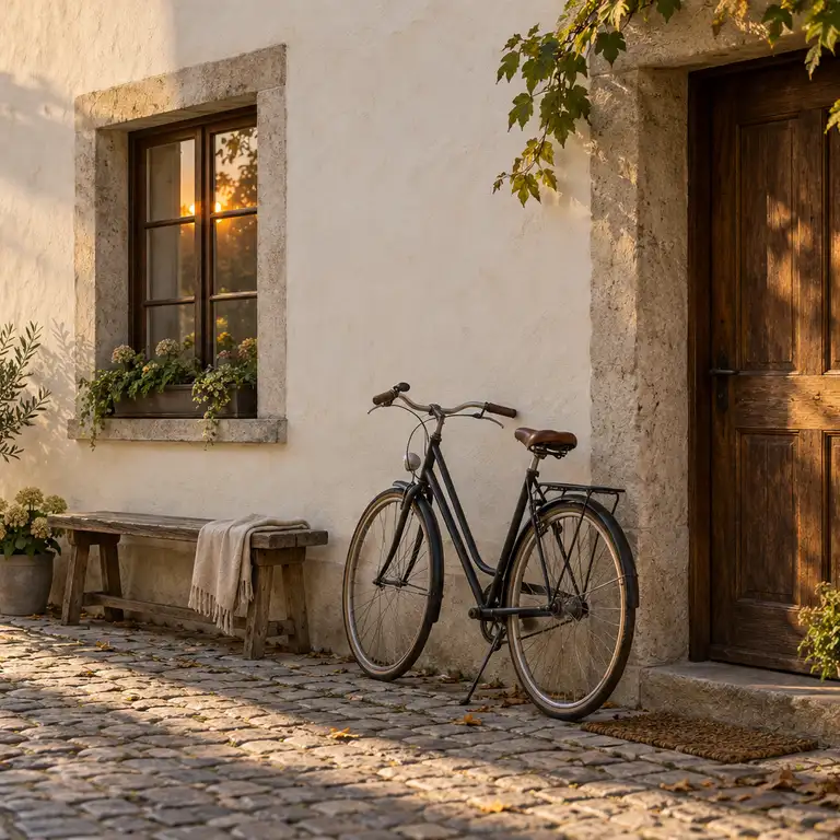 Ruhige Altstadtgasse am Morgen mit Ladentür und Fahrrad.